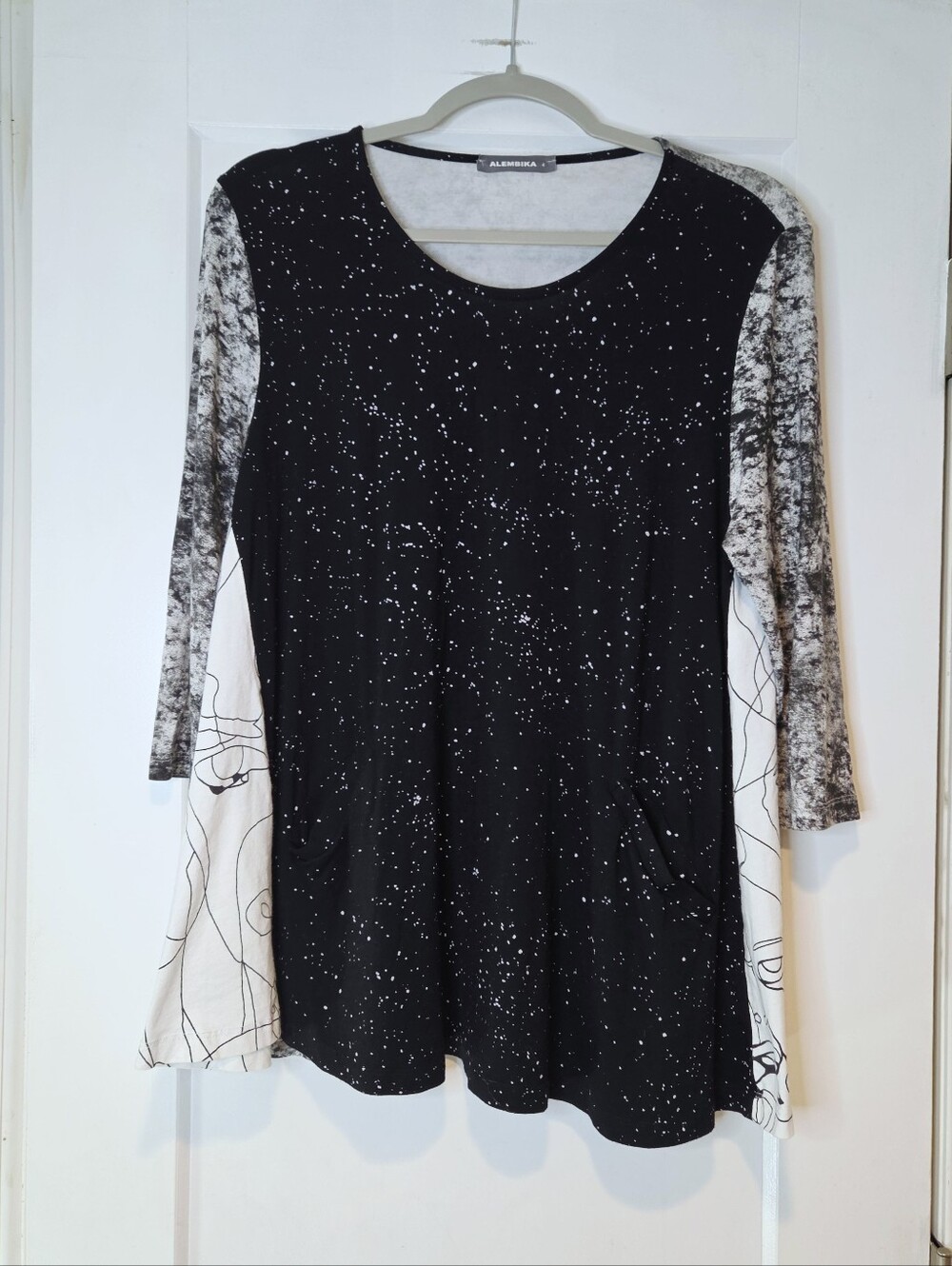 Alembika Black White Mixed Print Lagenlook Tunic Top Pockets Size 4